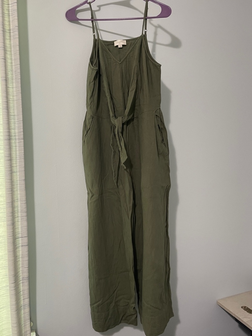 LOFT Olive Green Linen-Blend Sleeveless Tie-Waist Jumpsuit